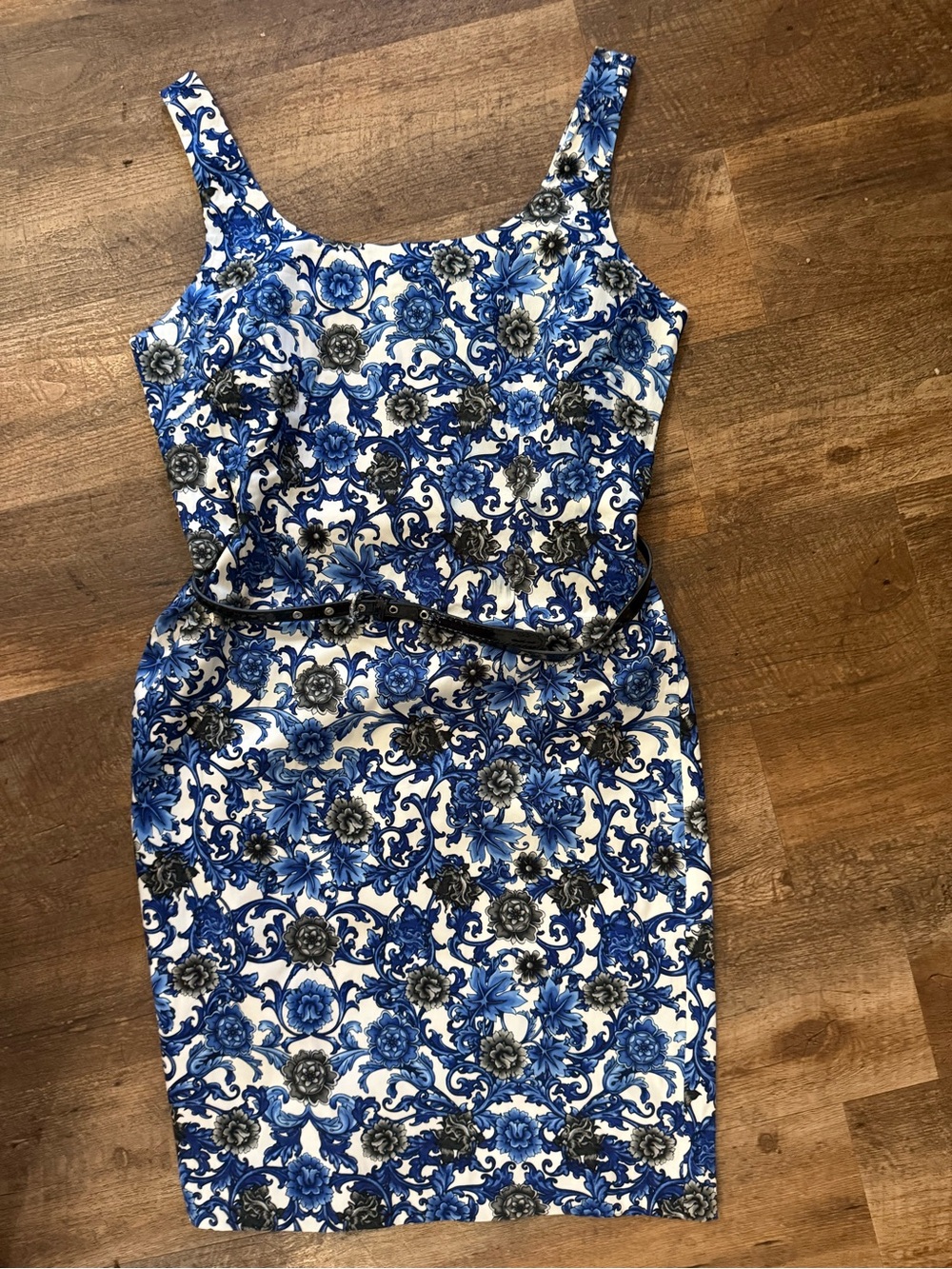 Premise Blue and White Floral Midi Sheath Dress